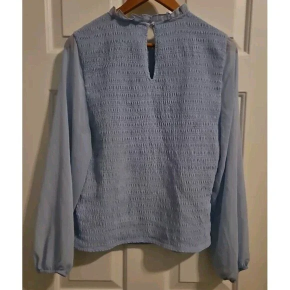 Halogen Sz XL Women's Light Blue Top Ruffle Neck Sheer Long Sleeves Blouse - Picture 2 of 8